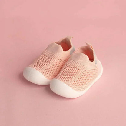 Pink mesh baby sneakers for girls with lightweight sole